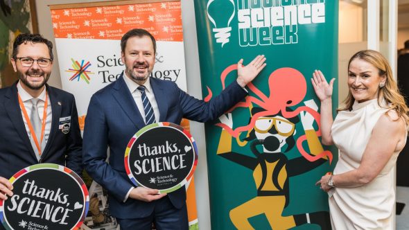 Industry and Science Minister Ed Husic at the launch of National Science Week with STA President Professor Mark Hutchinson and CEO Misha Schubert.