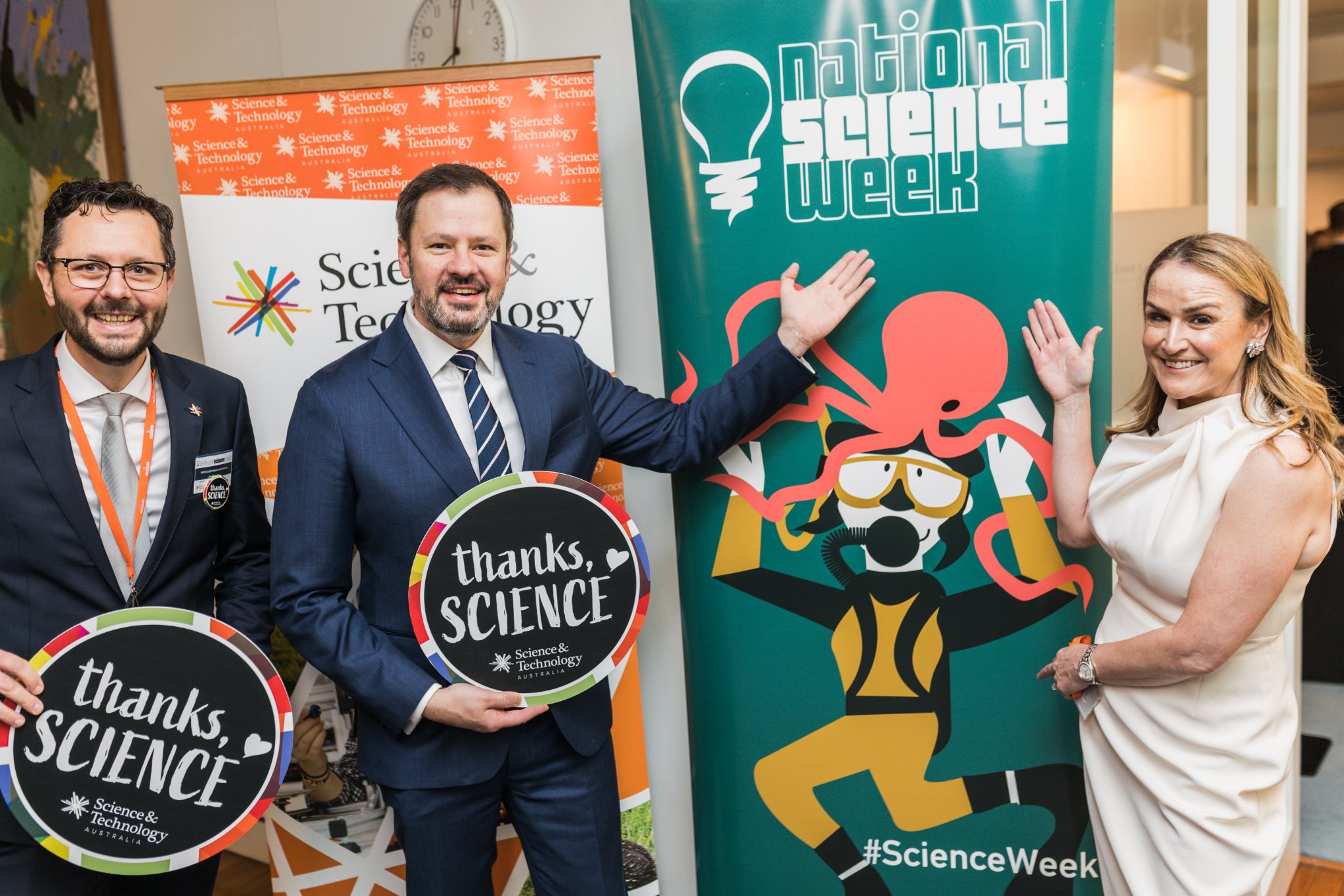 Industry and Science Minister Ed Husic at the launch of National Science Week with STA President Professor Mark Hutchinson and CEO Misha Schubert.