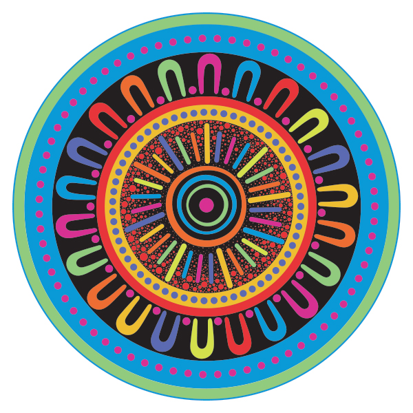 A colourful Aboriginal artwork: On a white background, the centrepiece looks like a colourful sun, represent people and their coming together, which represents the connection Science and Technology Australia (STA) has with Aboriginal and Torres Strait Islander people and their culture.