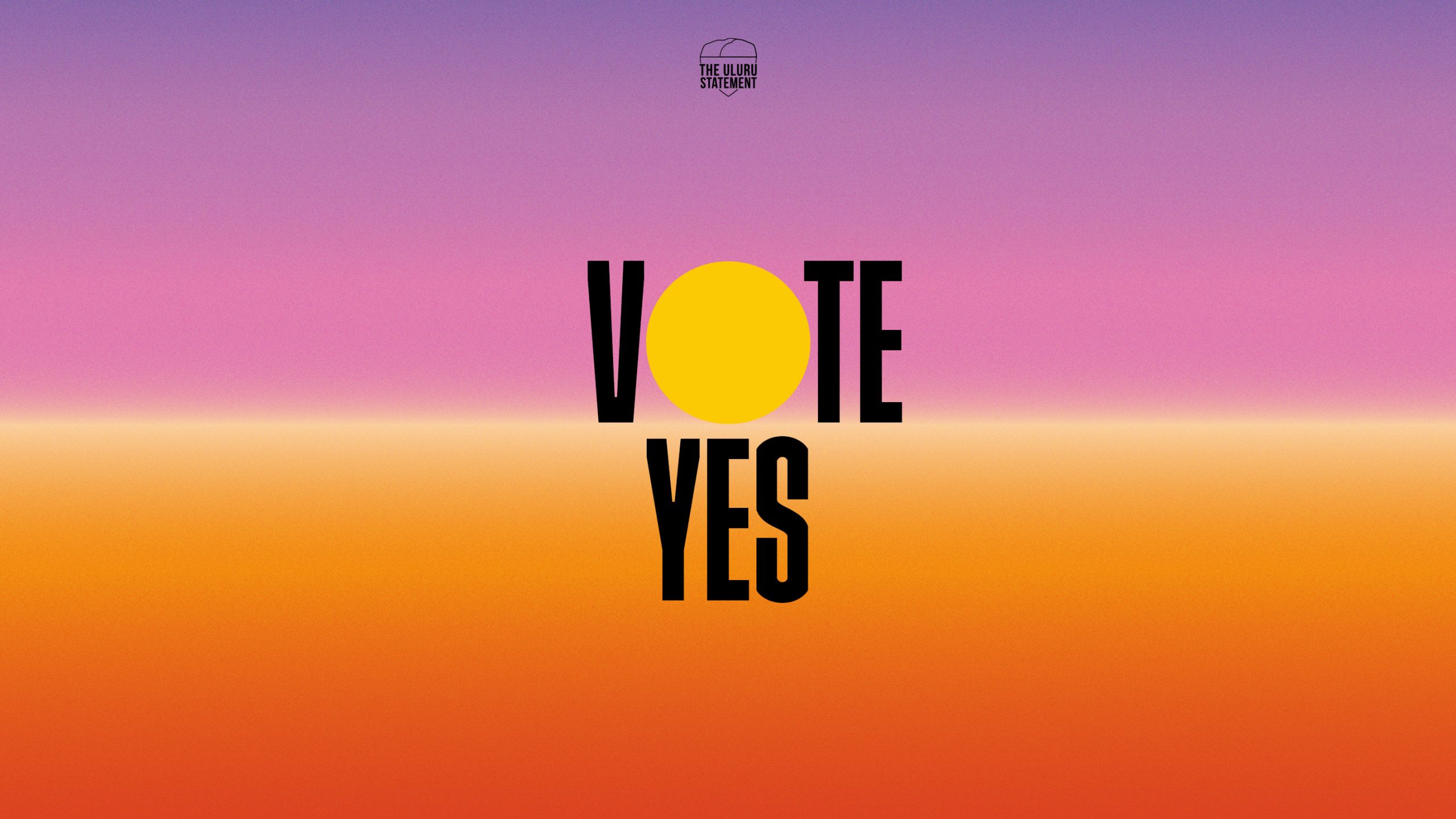 "VOTE YES" black text on a horizon where the land is represented with gradient of orange and the sky is represented by a gradient of pink to purple. The "O" is a yellow circle which represents the sun.