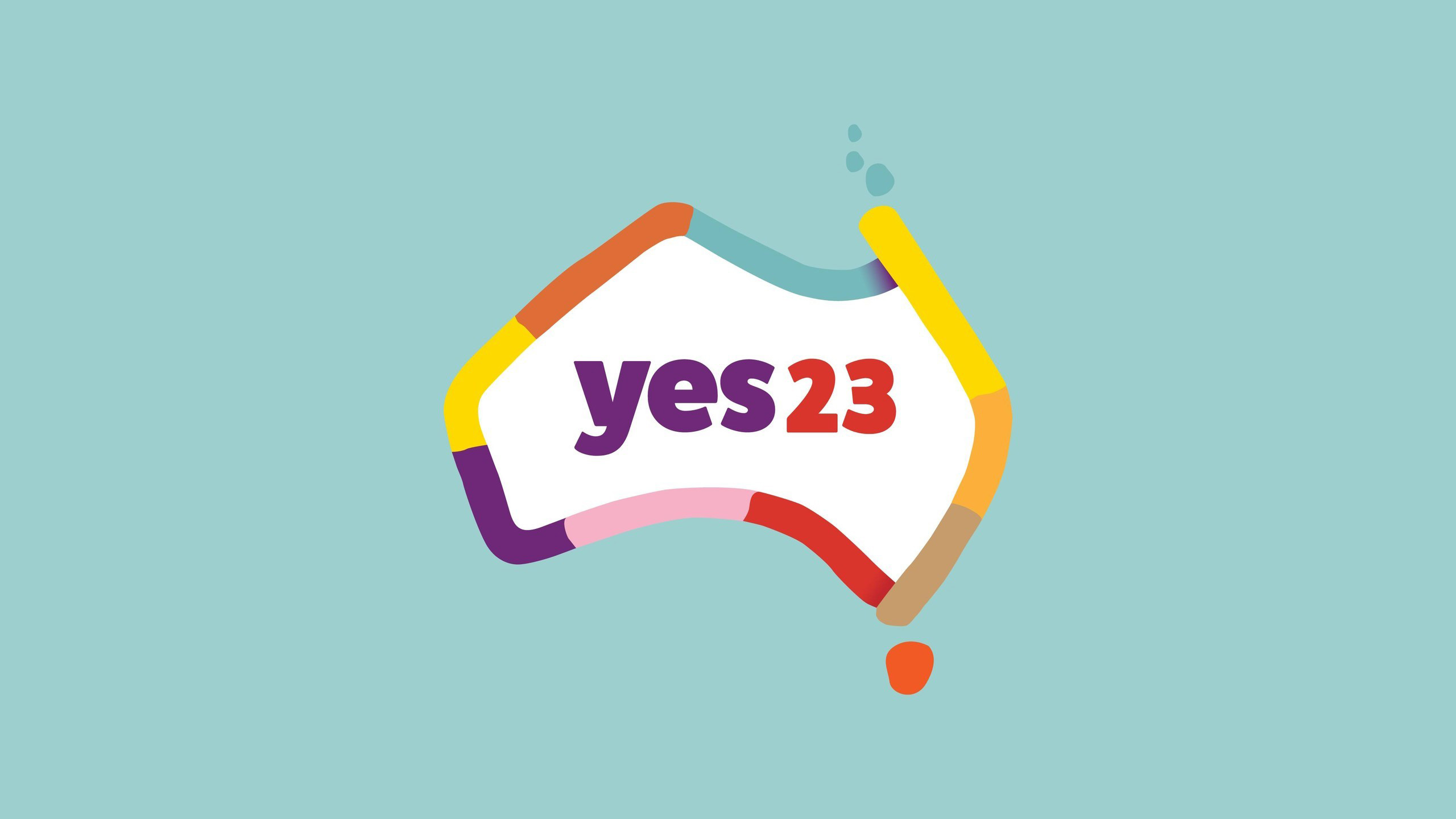 'Yes23' purple and red text on white background inside coloured lines that represent Australia and the Torres Strait Islands. Main background is light blue in colour.