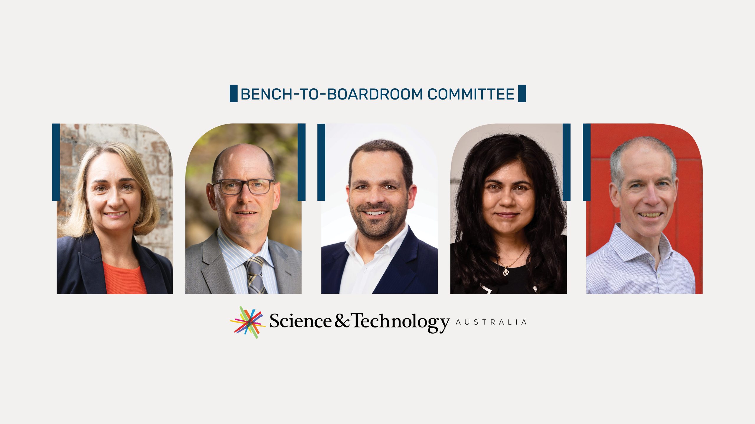 Five portrait photos in a line showcasing the new STA Bench-to-Boardroom committee members.